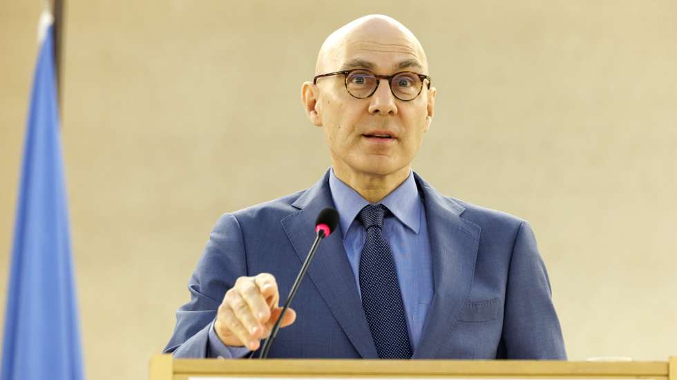 epa11182098 UN High Commissioner for Human Rights Volker Turk delivers his remarks, during the opening of the High-Level Segment of the 55th session of the Human Rights Council at the European headquarters of the United Nations in Geneva, Switzerland, 26 February 2024.  EPA/SALVATORE DI NOLFI