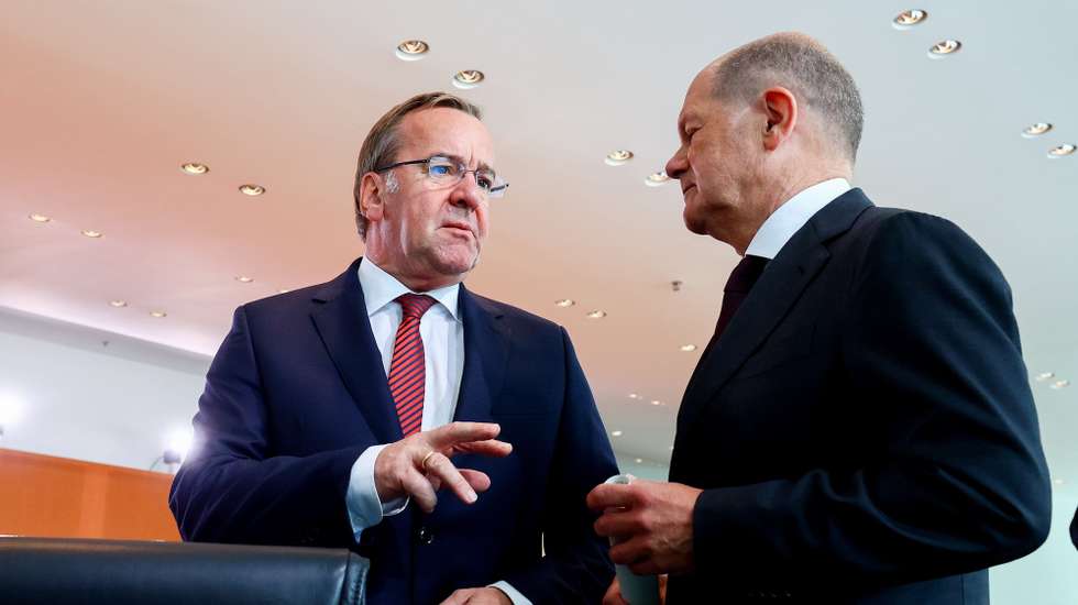 epa11405397 German Defense Minister Boris Pistorius (L) and German Chancellor Olaf Scholz attend the weekly cabinet meeting of the German government at the Chancellery, in Berlin, Germany, 12 June 2024.  EPA/FILIP SINGER