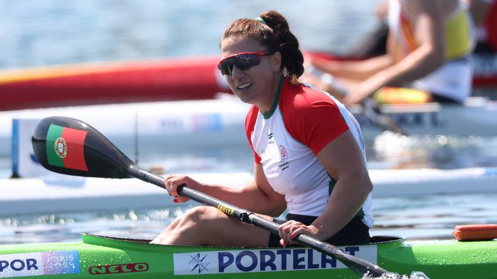 epa11542073 Teresa Portela of Portugal reacts after the Women's Kayak Single 500m Final B of the Canoeing Sprint competitions in the Paris 2024 Olympic Games, at the Vaires-sur-Marne Nautical Stadium in Vaires-sur-Marne, France, 10 August 2024.  EPA/ALI HAIDER