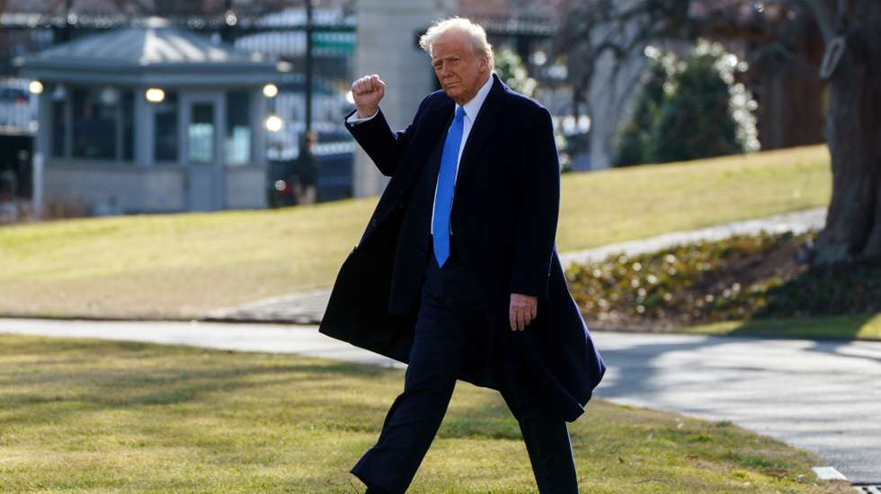 epa11881506 US President Donald Trump leaves the White House after a meeting with Japanese Prime Minister Ishiba Shigeru, in Washington, DC, USA, 07 February 2025.  EPA/WILL OLIVER