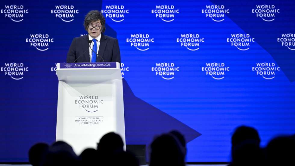 epa12667952 Javier Milei, President of Argentina speaks during his Special Address at the 56th annual meeting of the World Economic Forum (WEF) in Davos, Switzerland, 21 January 2026. The 2026 summit, running from 19 to 23 January and held under the theme 'A Spirit of Dialogue,' brings together global political leaders, corporate executives, and scientists to address international challenges.  EPA/GIAN EHRENZELLER