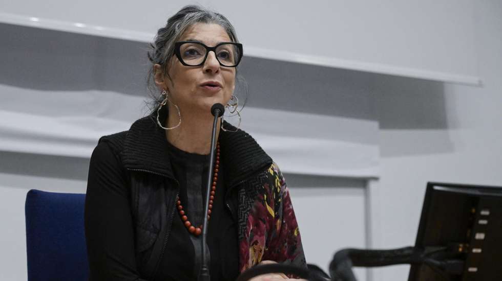 epa12556893 Francesca Albanese, UN Special Rapporteur on the situation of human rights in the Palestinian Territory occupied since 1967, is seen during an event titled 'Rebuild Justice' at Roma Tre University in Rome, Italy, 29 November 2025.  EPA/Riccardo Antimiani