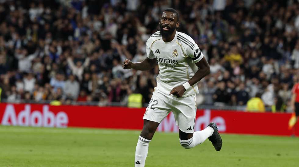 epa12820111 Real Madrid's Antonio Rudiger (C) celebrates scoring the 1-0 goal during the Spanish LaLiga soccer match between Real Madrid and Elche CF, in Madrid, Spain, 14 March 2026.  EPA/CHEMA MOYA
