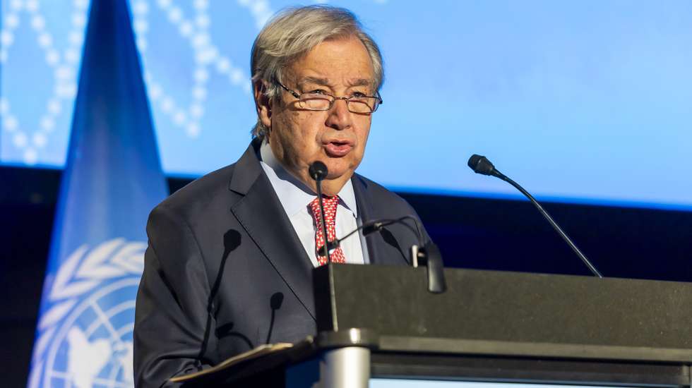 epa13090555 UN Secretary-General Antonio Guterres addresses the opening ceremony of the Global Dialogue on AI Governance at Palexpo in Geneva, Switzerland, 06 July 2026. The first session of the Global Dialogue on AI Governance is being held in Geneva on 06 and 07 July 2026. A second session will take place in New York in May 2027.  EPA/SALVATORE DI NOLFI