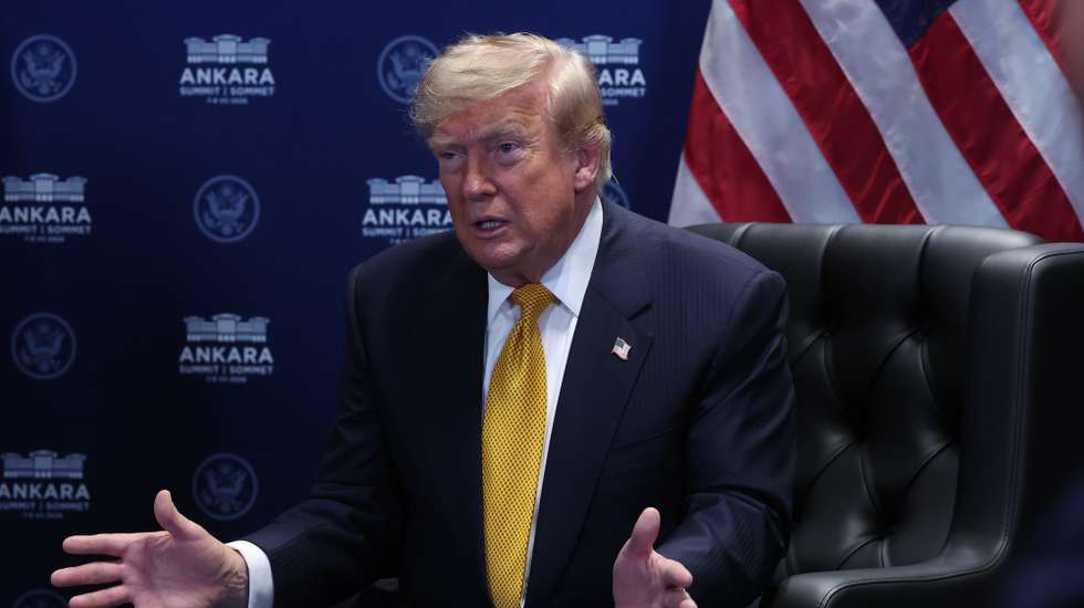 epa13097295 US President Donald Trump speaks during a meeting with NATO Secretary General Mark Rutte (not pictured) on the sidelines of the NATO summit in Ankara, Turkey, 08 July 2026. The NATO Summit takes place from 07-08 July.  EPA/FILIP SINGER / POOL