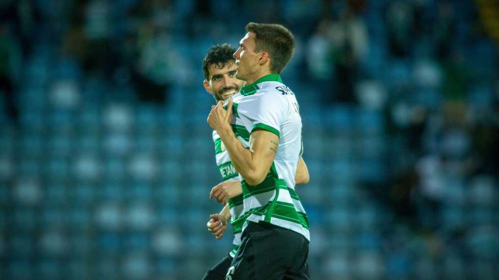 Sporting player Joao Palhinha celebrates after scorig a goal against Santa Clara during their Portuguese First League soccer match held at Sao Miguel stadium in Ponta Delgada, Azores, Portugal, 07 January 2022. EDUARDO COSTA/LUSA