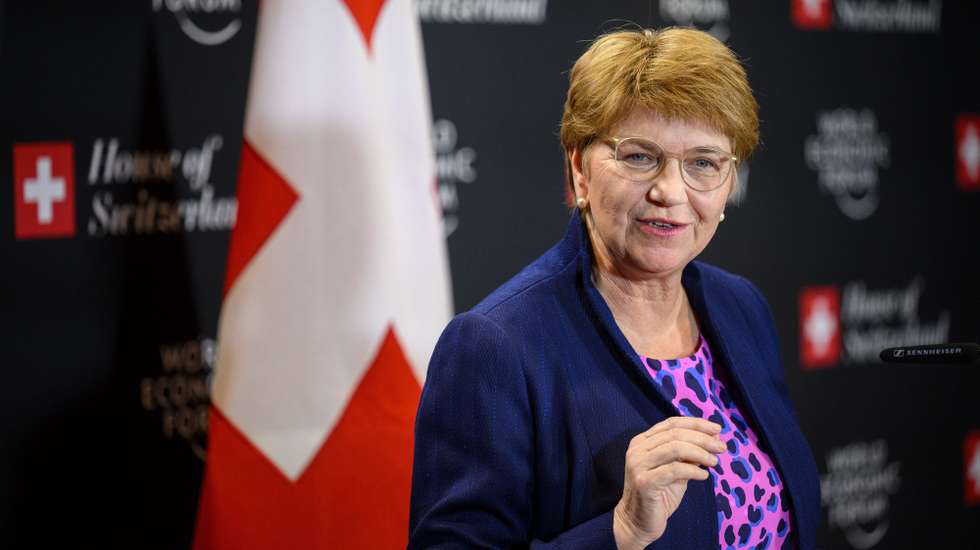 epa11087196 Swiss Federal President Viola Amherd speaks during a press conference at the House of Switzerland, HoS, on the sideline of the 54th annual meeting of the World Economic Forum (WEF) in Davos, Switzerland, 18 January 2024. The meeting brings together entrepreneurs, scientists, corporate and political leaders in Davos under the topic 'Rebuilding Trust' from 15 to 19 January.  EPA/LAURENT GILLIERON