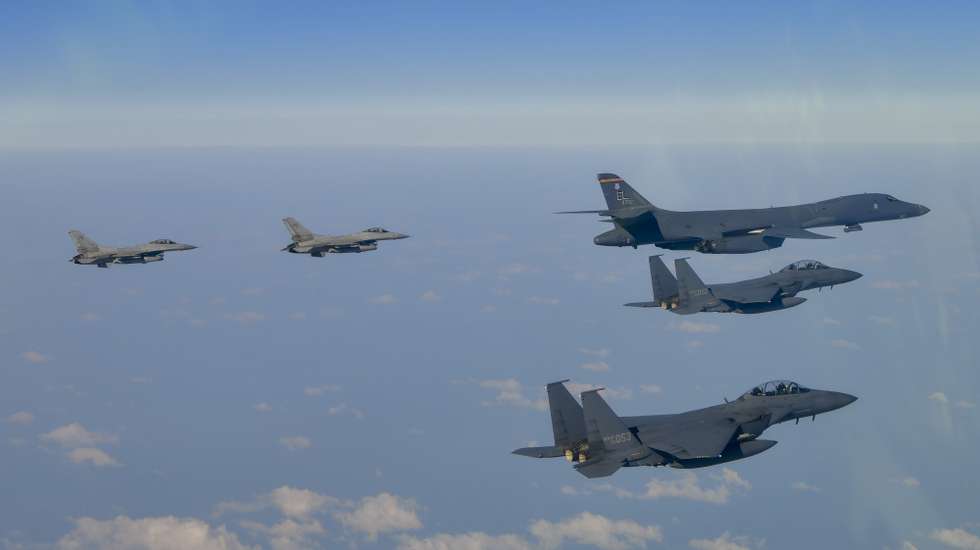 epa11908942 A handout photo made available by the South Korean Defense Ministry shows South Korea and the United States conducting joint air drills in a show of force against North Korean military threats on 20 February 2025. The combined air drills, involving at least one B-1B bomber and South Korean F-35A and F-15K fighter jets, marked the first such exercise between the allies this year.  EPA/South Korean Defense Ministry SOUTH KOREA OUTHANDOUT EDITORIAL USE ONLY/NO SALES