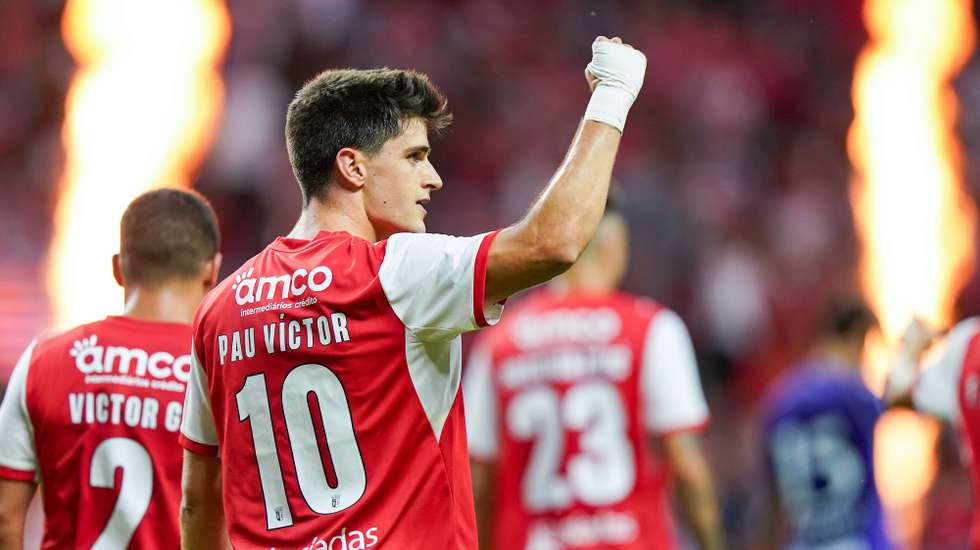 Sporting de Braga player Pau Víctor celebrates after scoring a goal against Austria Wien during the UEFA Conference League Play-off 1st leg soccer match held in Braga, Portugal, 20 August 2026. HUGO DELGADO/LUSA