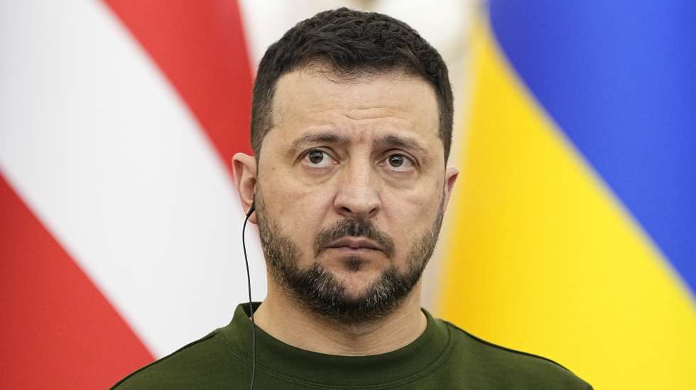 epa11174893 Ukrainian President Volodymyr Zelensky attends a a joint press conference with the Danish prime minister after their meeting at Potocki Palace in Lviv, Ukraine, 23 February 2024. The Danish prime minister and the Danish defense minister announced in a press conference on 22 February that Denmark's is entering a ten-year agreement with Ukraine on continued military support and the security situation in Europe.  EPA/Mads Claus Rasmussen  DENMARK OUT