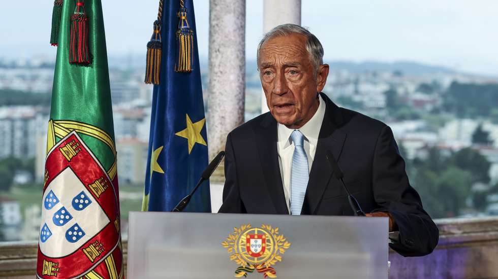 O Presidente da República, Marcelo Rebelo de Sousa, faz uma declaração propósito das eleições europeias feita em direto no Castelo de Leiria, no âmbito das Comemorações do 10 de Junho, Dia de Portugal, de Camões e das Comunidades Portuguesas, Leiria, 8 de junho de 2024. PAULO NOVAIS/LUSA/POOL