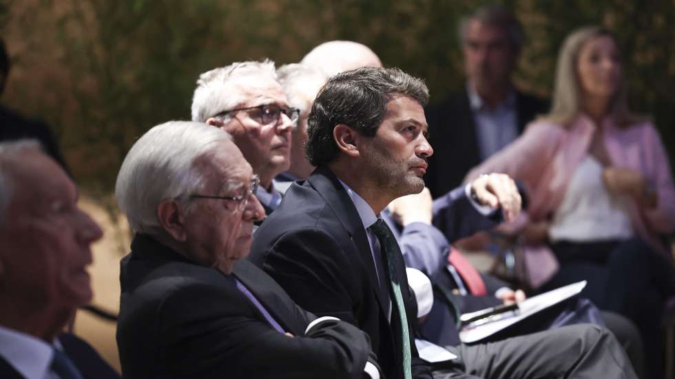 O  presidente do Chega, André Ventura, durante a conferência comemorativa dos 50 anos do IDL - Instituto Amaro da Costa, em Lisboa, 18 de outubro de 2025. ANTÓNIO COTRIM/LUSA