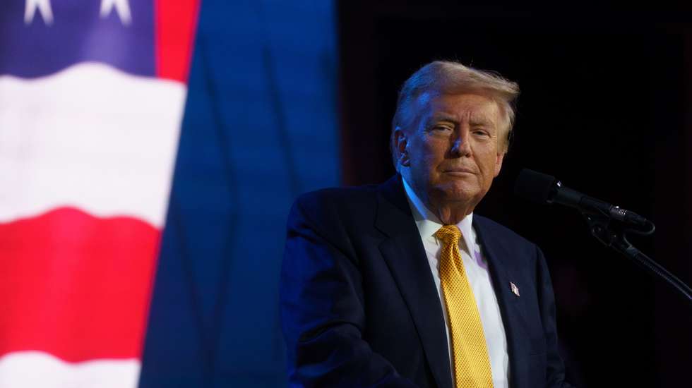 epa11614968 Republican presidential candidate Donald Trump delivers remarks at the Israeli American Council (IAC) Conference at the Washington Hilton in Washington, DC, USA, 19 September 2024.  EPA/WILL OLIVER