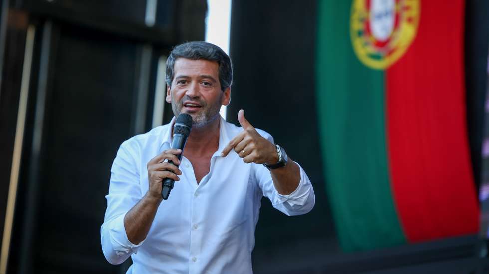 Far right party Chega leader, Andre Ventura, delivers a speech during the demonstration promoted by the party against the “uncontrolled immigration and insecurity in the streets”, Lisbon, Portugal, 29th September 2024. JOSE SENA GOULAO/LUSA