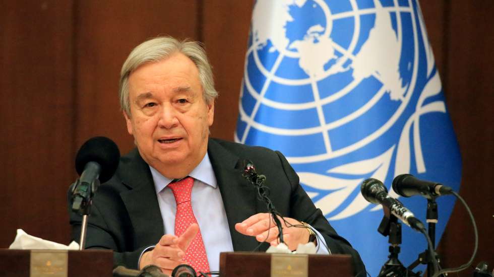 epa10497271 The Secretary-General of the United Nations, Antonio Guterres speaks during a press conference at the al-Rasheed hotel in Baghdad, Iraq, 01 March 2023. Antonio Guterres announced that his visit is to show solidarity and promote hope for a better future for Iraq.  EPA/AHMED JALIL