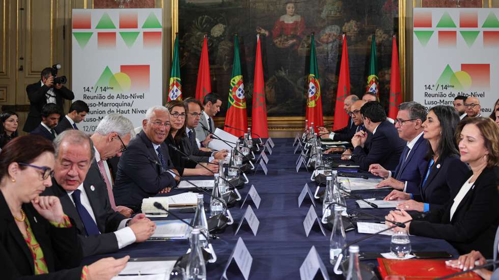 Portugal's Prime Minister Antonio Costa (4-L) meets with Morroco's Head of the Government Aziz Akhannouch (3-R) during XIV Portugal-Morocco High-Level Meeting at Foz Palace in Lisbon, Portugal, 12 May 2023. ANTONIO COTRIM/LUSA