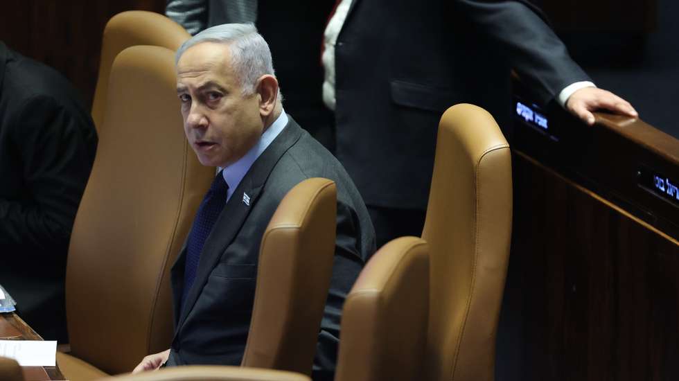 epa11166730 Israeli Prime Minister Benjamin Netanyahu attends the voting session for the impeachment of Hadash-Ta’al party MP Ofer Cassif in Jerusalem, 19 February 2024. The motion was brought up after Cassif publicly supported South Africa’s genocide case against Israel at the International Court of Justice (ICJ).  EPA/ABIR SULTAN