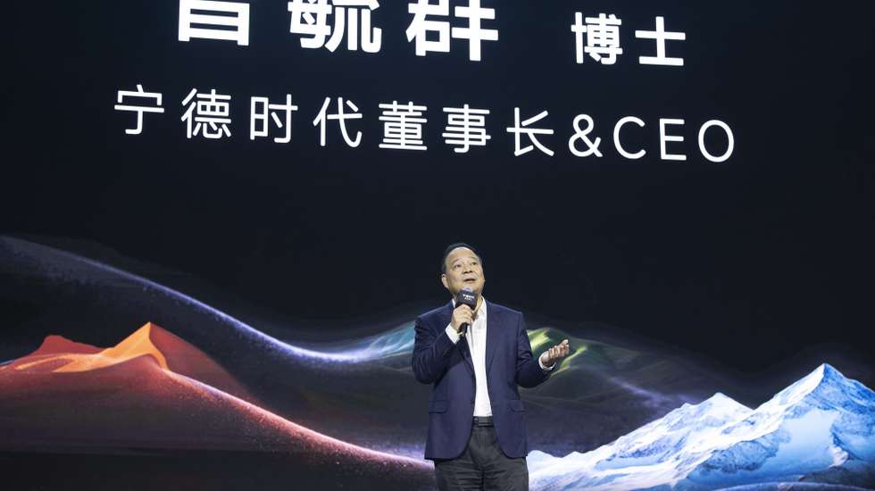 epa12904898 Chinese battery and technology company CATL Chairman and CEO Robin Zeng speaks during the CATL Super Technology Day in Beijing, China, 21 April 2026.  EPA/ANDRES MARTINEZ CASARES