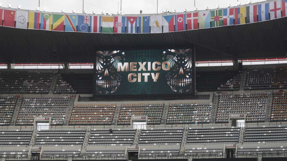 epa13029471 A view of the stands at the Estadio Azteca in Mexico City, Mexico, 09 June 2026. The South African team inspected the pitch one day before the 2026 World Cup opening match against host country Mexico.  EPA/ISAAC ESQUIVEL