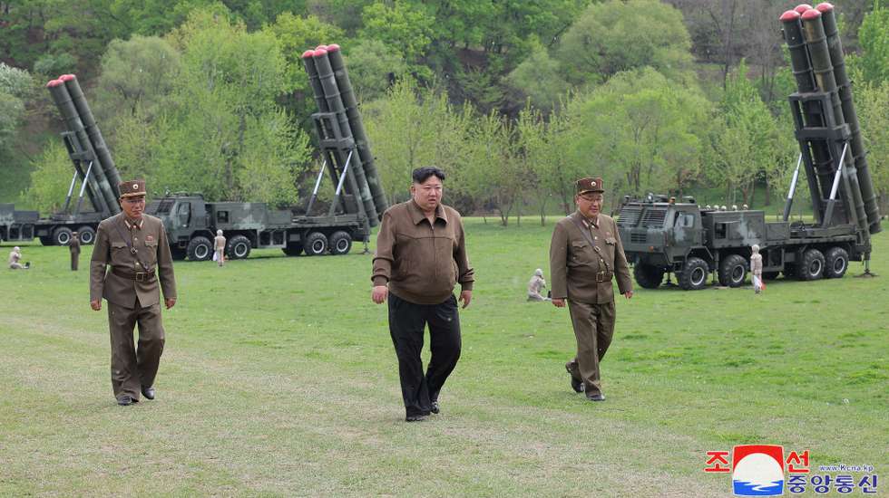 epa11294997 A photo released by the official North Korean Central News Agency (KCNA) shows North Korean leader Kim Jong Un (C) overseeing a simulated nuclear counterattack drill at an undisclosed location, North Korea, 22 April 2024 (issued 23 April 2024). According to KCNA, North leader Kim Jong Un on 22 April 'guided a combined tactical drill simulating a nuclear counterattack involving super-large multiple rocket artillerymen'.  EPA/KCNA   EDITORIAL USE ONLY  EDITORIAL USE ONLY