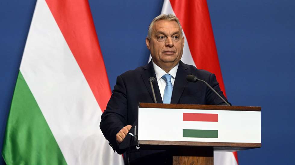epa11890379 Hungarian Prime Minister and leader of the ruling Fidesz party Viktor Orban attends a press conference following a meeting with Co-chairwoman and chancellor candidate of the Alternative for Germany (AfD) party Alice Weidel in the government headquarters in Budapest, Hungary, 12 February 2025.  EPA/SZILARD KOSZTICSAK HUNGARY OUT