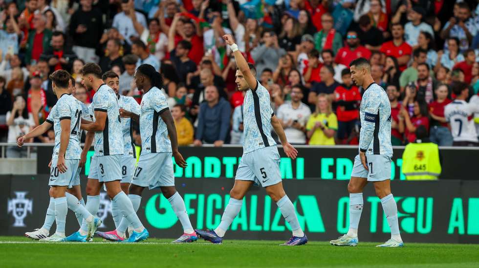 Portugal player Diogo Dalot celebrates after scoring a goal against Croatia during their UEFA Nations League Group A match, held at Luz Stadium, in Lisbon, Portugal, 05 September 2024. JOSE SENA GOULAO/LUSA