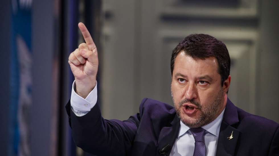 epa09135403 League party leader Matteo Salvini during the broadcast of TV talk show 'Porta a Porta', in Rome, Italy, 14 April 2021. Salvini said his party was demanding from the government to reopen restaurants.  EPA/FABIO FRUSTACI