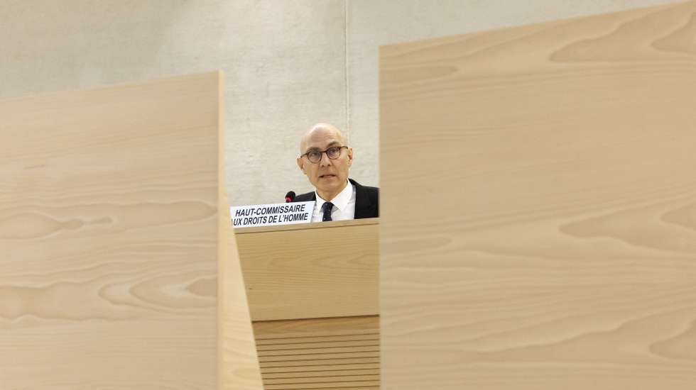 epa10507285 UN High Commissioner for Human Rights Volker Turk (Tuerk) addresses his oral update on the activities of his Office and recent human rights developments around the globe, during the 52nd session of the Human Rights Council, at the European headquarters of the United Nations (UNOG) in Geneva, Switzerland, 07 March 2023.  EPA/SALVATORE DI NOLFI