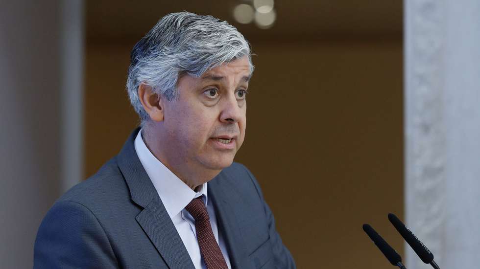 O governador do Banco de Portugal, Mário Centeno, intervém durante a apresentação do Boletim Económico de junho, que inclui projeções económicas até 2025, na Nave do Museu do Dinheiro, em Lisboa, 16 de junho de 2023. ANTÓNIO PEDRO SANTOS/LUSA