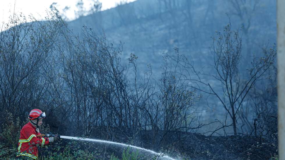 Um bombeiro combate um incêndio que deflagrou em São Marcos da Serra, no concelho de Silves, e que obrigou ao corte da linha ferroviária do Sul e da Estrada Nacional (EN) 267, disse fonte da Proteção Civil, Faro, 12 de julho de 2023. Segundo informação disponível na página da Proteção Civil, pelas 20:15 estavam no local 254 operacionais, apoiados por 79 viaturas e 05 meios aéreos. LUÍS FORRA/LUSA
