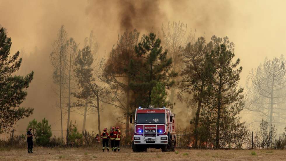 Os bombeiros combatem um incêndio de grandes dimensões que ameaça o aeródromo de Proença-a-Nova, distrito de Castelo Branco. O incêndio que deflagrou na sexta-feira, em Castelo Branco, tem três frentes ativas no concelho vizinho de Proença-a-Nova, 05 de agosto de 2023. MIGUEL PEREIRA DA SILVA / LUSA