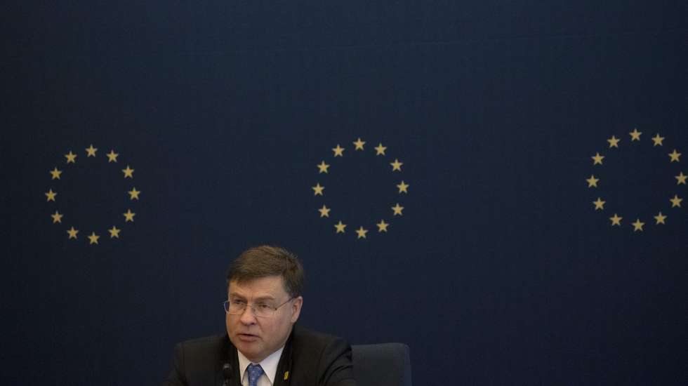 epa10883261 European Commission Executive Vice-President and Commissioner for Economy and Trade, Valdis Dombrovskis, speaks on his four-day visit to the country during a media briefing in Beijing, China 26 September 2023. Dombrovskis spoke about the subjects that he treated during his trip, which included the war in Ukraine, the export of vehicles from China to Europe and commerce.  EPA/ANDRES MARTINEZ CASARES