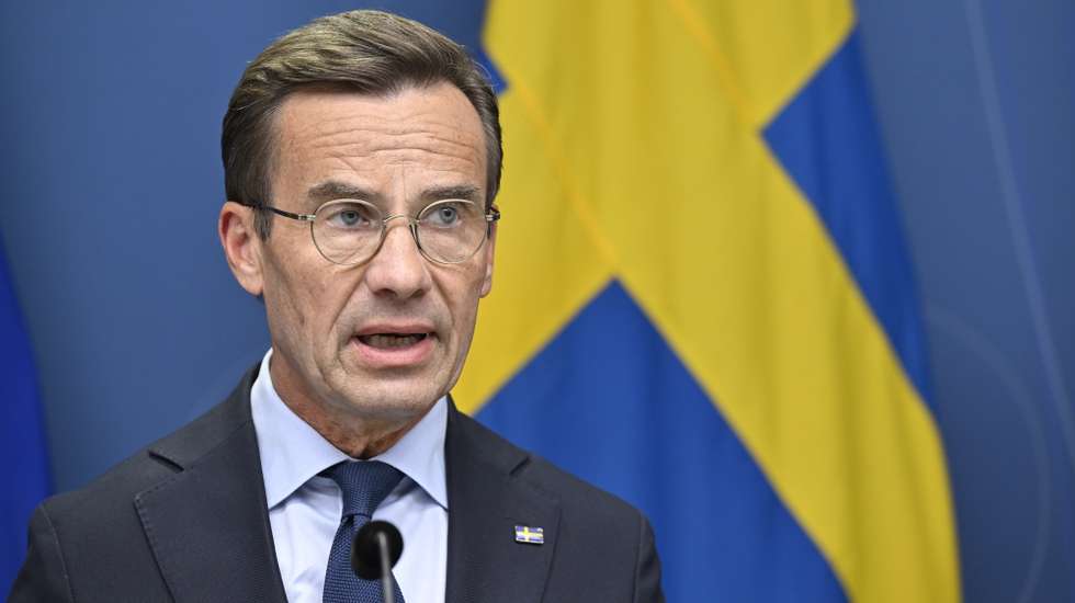 epa10804154 Sweden's Prime Minister Ulf Kristersson speaks during a news conference regarding the deteriorating security situation, in Stockholm, Sweden, 17 August 2023. The terror threat level in Sweden was raised to four on a five-point scale.  EPA/Henrik Montgomery  SWEDEN OUT
