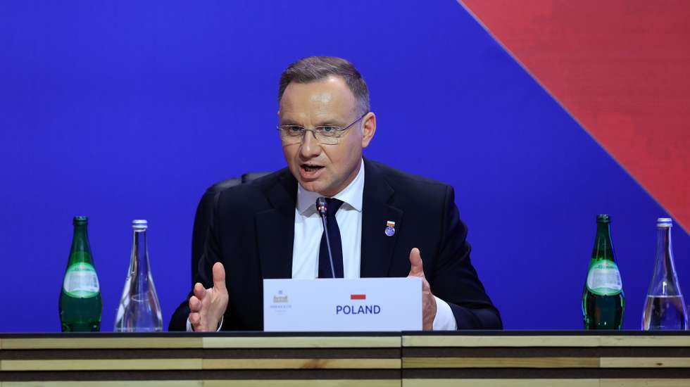 epa10904163 Polish President Andrzej Duda attends the joint press conference during the 18th Informal Meeting of the Non-Executive Heads of State of the European Union, known as the 'Arraiolos Group', in Porto, Portugal, 06 October 2023. The Arraiolos Group was established in 2003 in Arraiolos, Portugal. This meeting was attended by presidents from 13 countries, including Bulgaria, Italy, Estonia, Ireland, Greece, Croatia, Latvia, Hungary, Poland, Portugal, Finland, Malta, and Slovenia.  EPA/JOSE COELHO