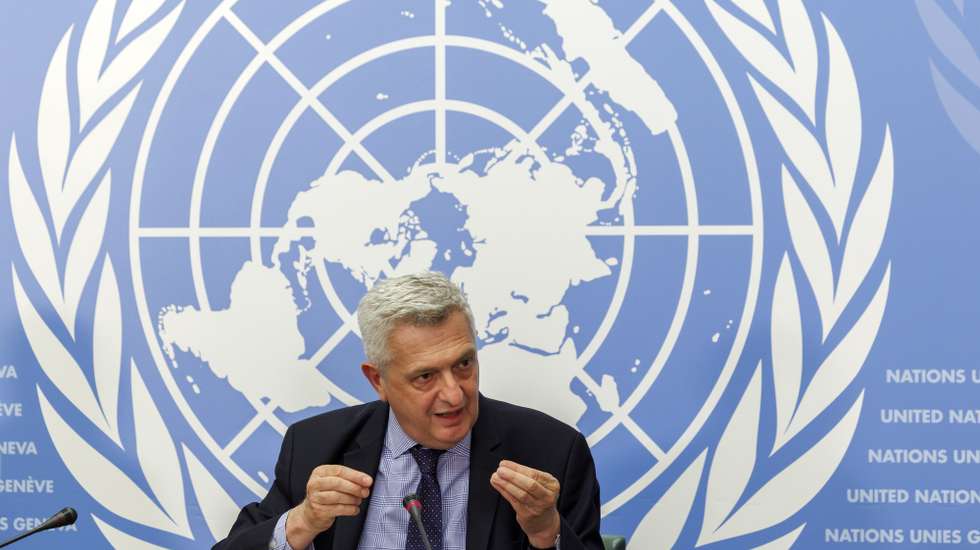 epa10687040 Filippo Grandi, UN High Commissioner for Refugees, talks to the media during a new press conference, at the European headquarters of the United Nations in Geneva, Switzerland, 12 June 2023.  EPA/SALVATORE DI NOLFI