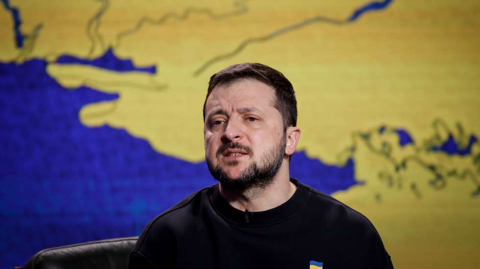 epa11037497 Ukrainian President Volodymyr Zelensky responds to questions from journalists during a press conference in Kyiv (Kiev), Ukraine, 19 December 2023. Zelensky spoke with the media during his year-end press conference amid the Russian invasion.  EPA/SERGEY DOLZHENKO