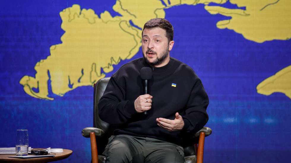 epa11037395 Ukrainian President Volodymyr Zelensky responds to questions from journalists during a press conference in Kyiv (Kiev), Ukraine, 19 December 2023. Zelensky spoke with the media during his year-end press conference amid the Russian invasion.  EPA/SERGEY DOLZHENKO