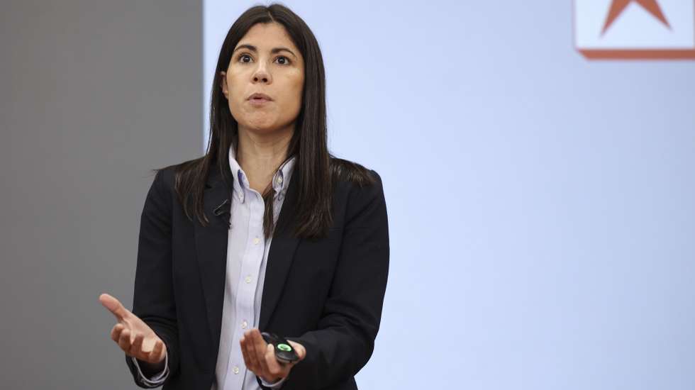 A coordenadora do Bloco de Esquerda (BE), Mariana Mortágua, fala aos jornalistas sobre o IVA da eletricidade e combate à pobreza energética, esta manhã na sede do partido em Lisboa, 12 de janeiro de 2024. MIGUEL A. LOPES/LUSA
