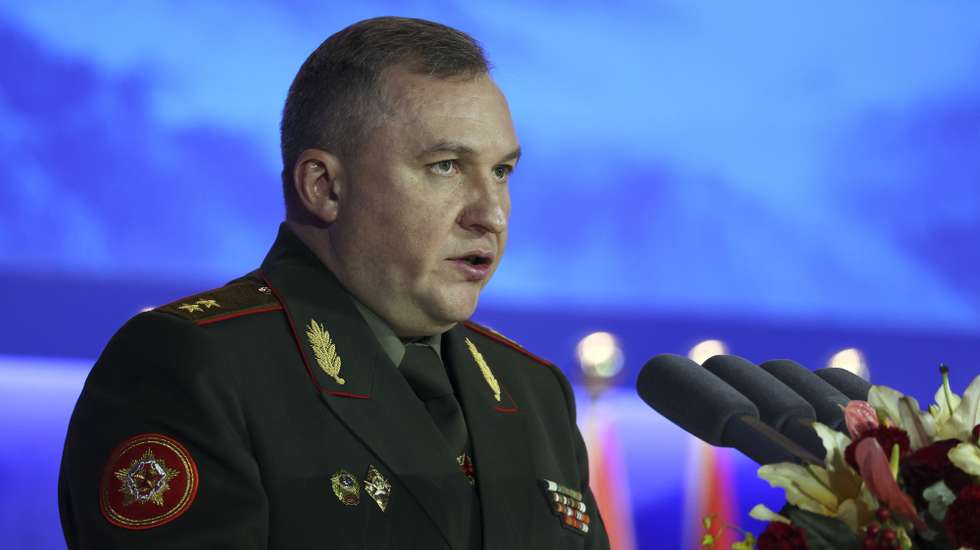 epa10948570 Belarusian Defense Minister Viktor Khrenin speaks at the Beijing Xiangshan Forum in Beijing, China, 30 October 2023.  EPA/FLORENCE LO/POOL