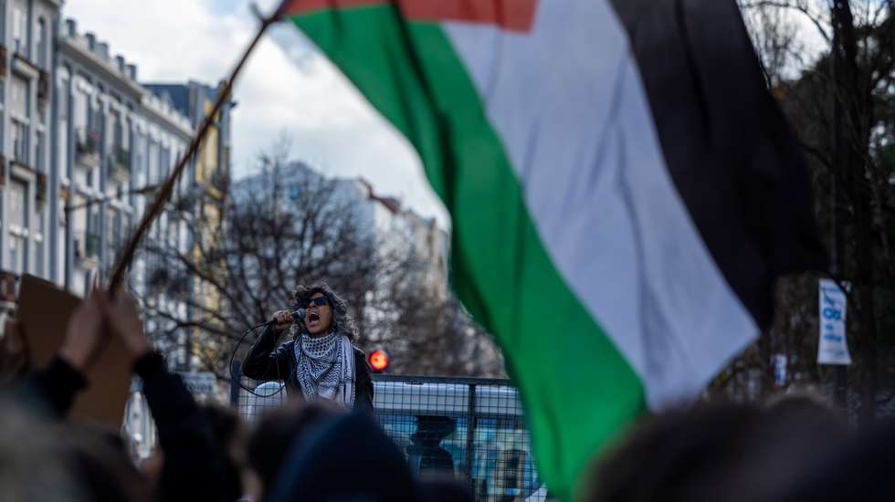 People shout anti war words on a march during a national demonstration for a 'Free Palestine', in Lisbon, Portugal, 10 February 2024. JOSE SENA GOULAO
