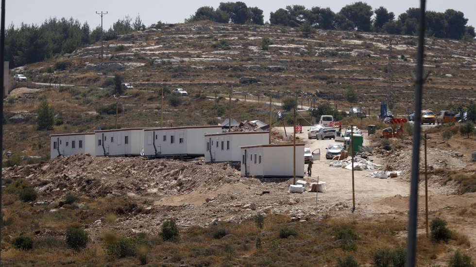 epa10713385 A structure for a new outpost near the Israeli settlement of Ma'ale Levona, in the West Bank, 27 June 2023. Israel's Civil Administration Higher Planning Committee (HPC) approved on 26 June the promotion of 5,623 new housing units in the Israeli settlements in the occupied West Bank, including 1,428 in the Eli settlement.  EPA/ATEF SAFADI
