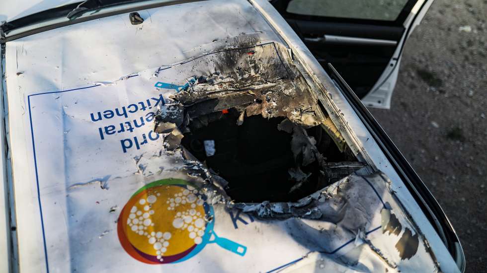 epaselect epa11255114 A destroyed car of the NGO World Central Kitchen (WCK) sits along Al Rashid road, between Deir Al Balah and Khan Younis in the southern Gaza Strip, 02 April 2024. NGO World Central Kitchen (WCK) confirmed in a statement on 02 April that seven of its members were killed in an Israeli strike, when a missile hit their convoy in Deir al Balah while they were on their way from Rafah to Gaza City to receive fresh aid delivered by the Open Arms vessel. The victims were confirmed to be from Australia, Poland, United Kingdom, a dual citizen of the U.S. and Canada, and Palestine. The World Central Kitchen announced it has suspended its activities in the region. EPA/MOHAMMED SABER