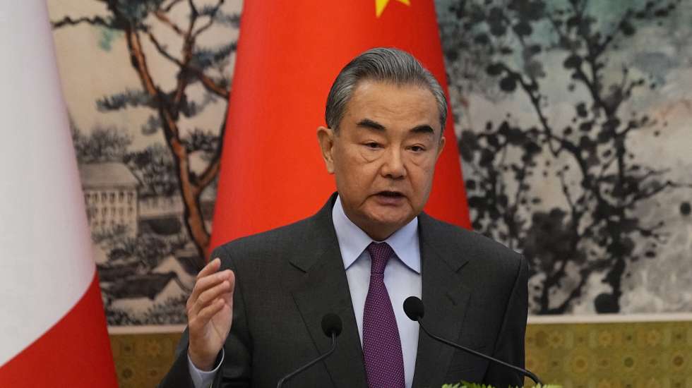 epa11254143 Chinese Foreign Minister Wang Yi speaks during a joint press conference with French Foreign Minister Stephane Sejourne (not pictured) at the Diaoyutai State Guesthouse in Beijing, China, 01 April 2024.  EPA/KEN ISHII/ POOL
