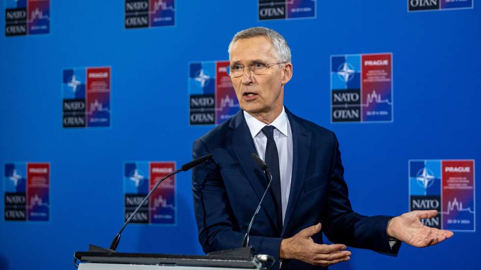 epa11381520 NATO Secretary General Jens Stoltenberg talks to journalist at a press conference following the informal NATO Foreign Ministers Meeting at Czernin Palace, in Prague, Czech Republic, 31 May 2024. The main topic of the two-day informal meeting of NATO foreign ministers was the search for consensus on the Alliance's next steps in support of Ukraine and to discuss priorities for the upcoming NATO Washington Summit.  EPA/MARTIN DIVISEK