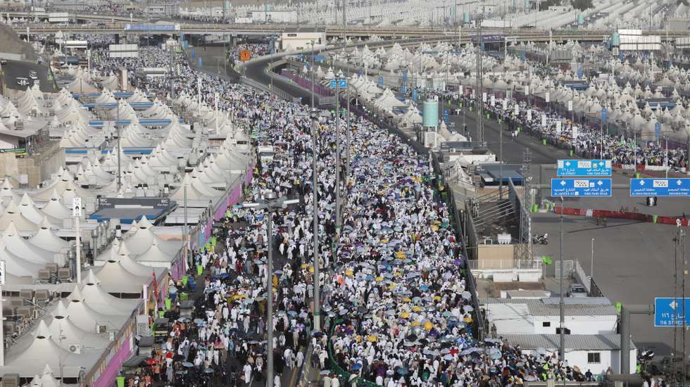 epa10719009 Muslim pilgrims arrive to perform the symbolic stoning of the devil ritual at the Jamarat Bridge during the Hajj pilgrimage near Mecca, Saudi Arabia, 30 June 2023. Pilgrims who are concluding the second day of Tashreeq, a two-to-three-day-stay in Mina valley, will leave the Jamarat area and head to Mecca for Farewell Tawaf. The Saudi Ministry of Hajj and Umrah announced on 27 June that the number of pilgrims performing this year's Hajj season has reached 1,845,045 from 150 countries.  EPA/ASHRAF AMRA