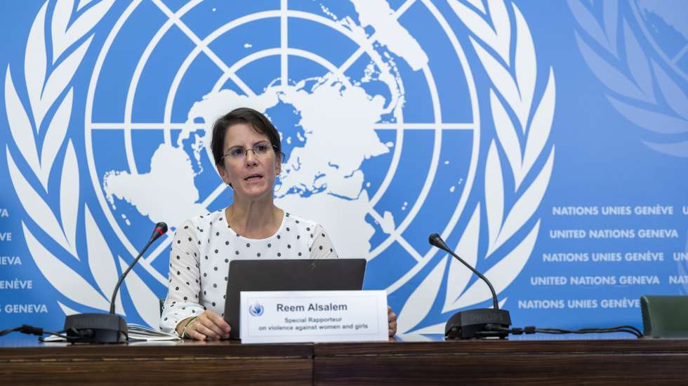 epa10708034 UN Special Rapporteur on violence against women and girls (OHCHR) Reem Alsalem speaks about the engagement on global issues pertaining to violence against women and girls, including child custody issues and violence against women during a press conference at the European headquarters of the United Nations in Geneva, Switzerland, 23 June 2023.  EPA/MARTIAL TREZZINI