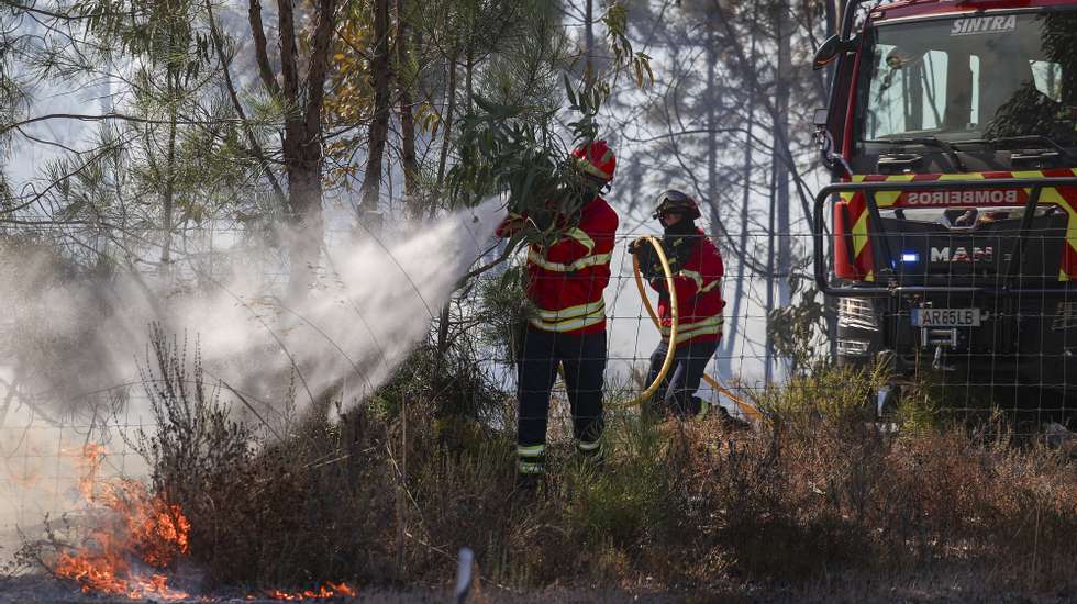 Bombeiros combatem o incêndio na zona de Belverde, freguesia da Amora, concelho do Seixal, 11 de setembro de 2024. Segundo o ‘site’ da Autoridade Nacional de Emergência e Proteção Civil, pelas 16:10 encontravam-se no local 355 operacionais, apoiados por 102 meios terrestres e 11 meios aéreos. FILIPE AMORIM/ LUSA