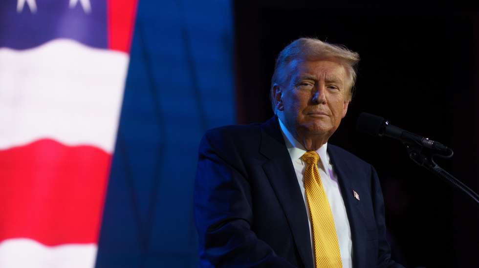 epa11614968 Republican presidential candidate Donald Trump delivers remarks at the Israeli American Council (IAC) Conference at the Washington Hilton in Washington, DC, USA, 19 September 2024.  EPA/WILL OLIVER