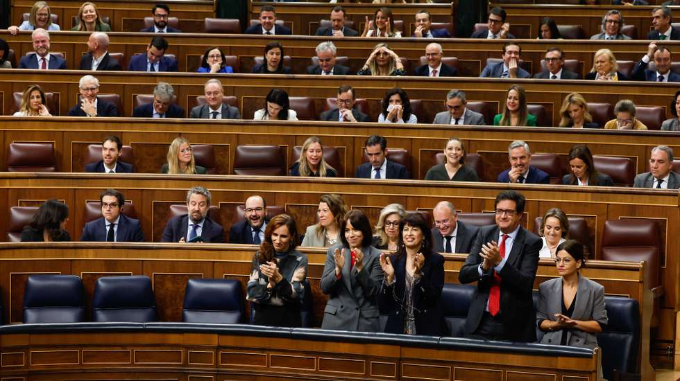 epa11676712 Ministers (L-R, front row) of Health Monica Garcia, Science Diana Morant, and Equality Ana Redondo, Digital Transformation, Oscar Lopez, and Youth and Childhood Sira Rego applaud the intervention of Spain's first Deputy Prime Minister and Treasure Minister Maria Jesus Montero during the weekly government's question time session at the Congress of Deputies, the lower house of Parliament in Madrid, Spain, 23 October 2024.Â   EPA/J.J.Guillen