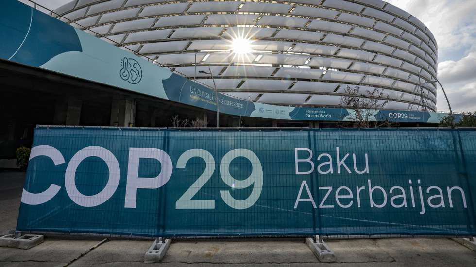epa11730560 An installation with the COP29 logo is on display near the venue of the United Nations Climate Change Conference COP29 in Baku, Azerbaijan, 20 November 2024. The Azerbaijani capital of Baku hosts the 2024 United Nations Climate Change Conference (COP29) from 11 to 22 November 2024.  EPA/ANATOLY MALTSEV